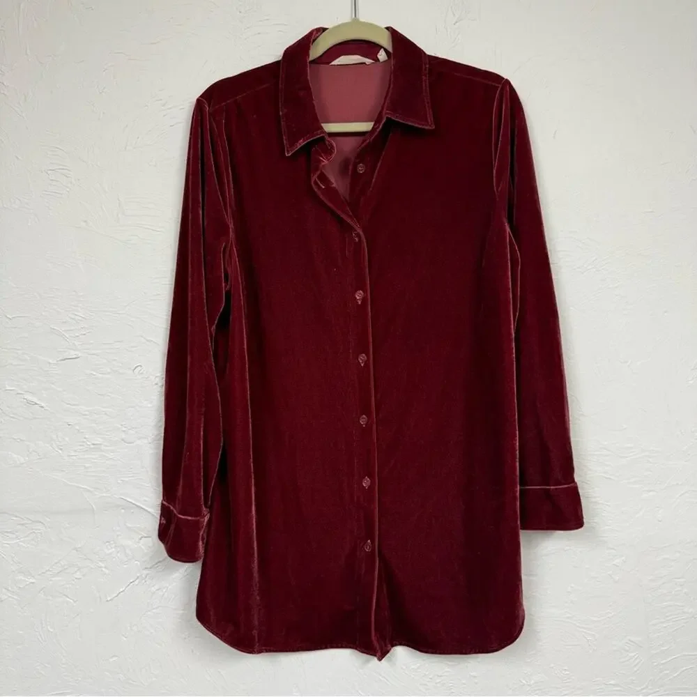 Soft Surroundings Red Velvet Button Down Tunic Blouse Womens L Fall Boho Classic